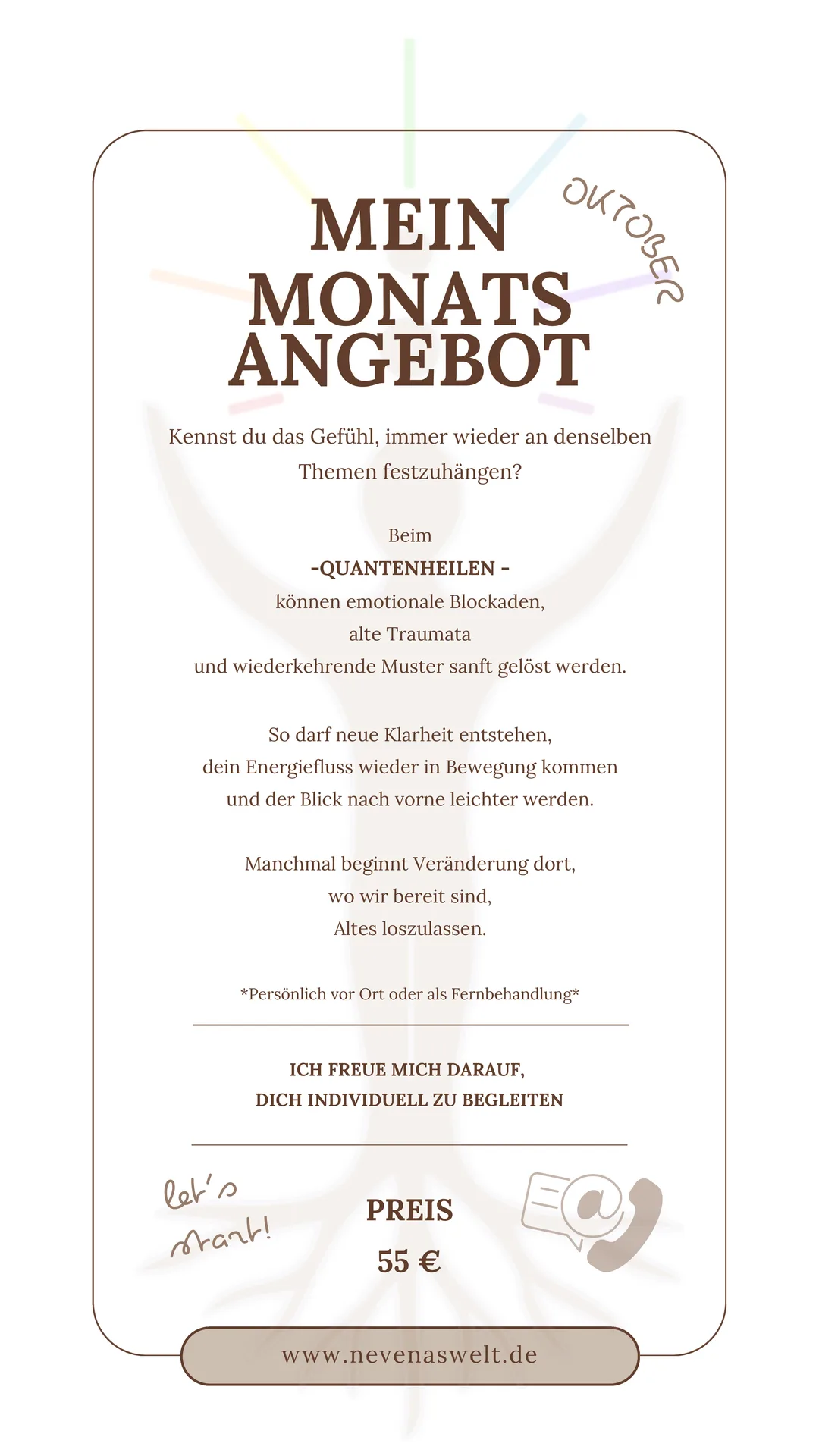 Flyer: Mein Monatsangebot Oktober – Quantenheilen, persönlich oder als Fernbehandlung, Preis 55 €