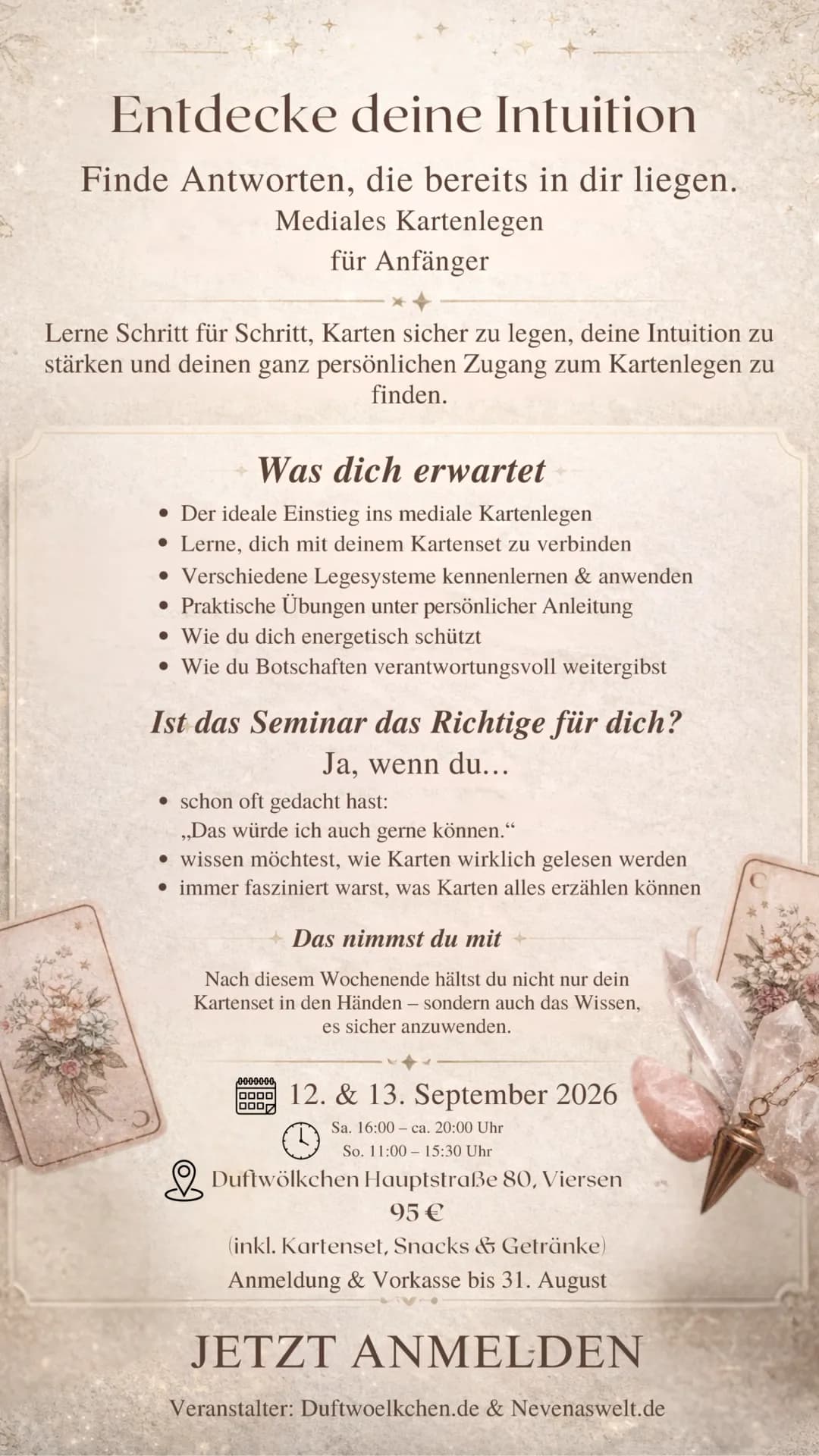 Flyer: Entdecke deine Intuition – Mediales Kartenlegen für Anfänger, 12. & 13. September 2026 in Viersen